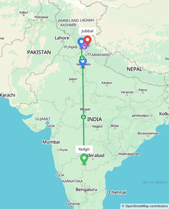 Route map showing distance and travel time from Yadgir, India to Jubbal, India