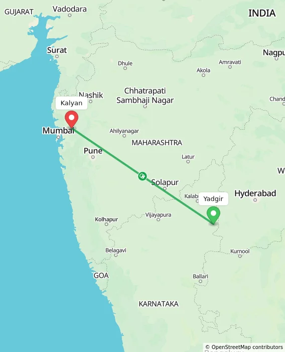 Route map showing distance and travel time from Yadgir, India to Kalyan, India