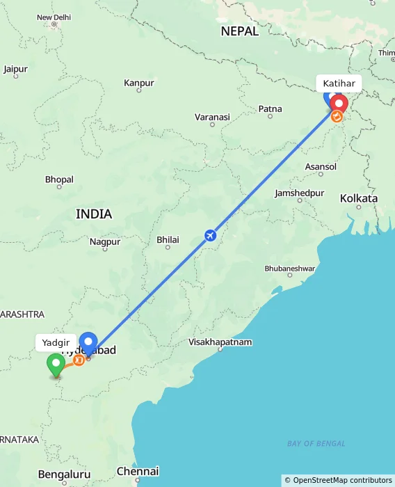Route map showing distance and travel time from Yadgir, India to Katihar, India