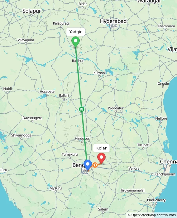 Route map showing distance and travel time from Yadgir, India to Kolar, India