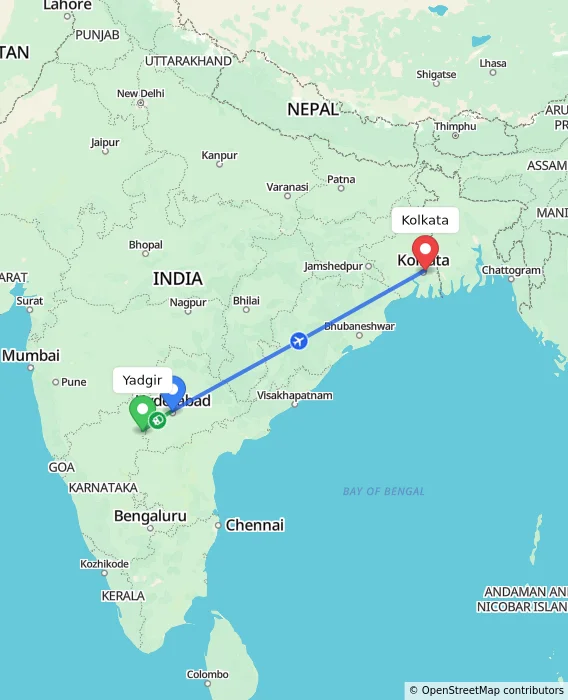 Route map showing distance and travel time from Yadgir, India to Kolkata, India