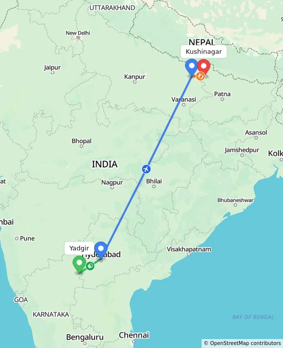 Route map showing distance and travel time from Yadgir, India to Kushinagar, India