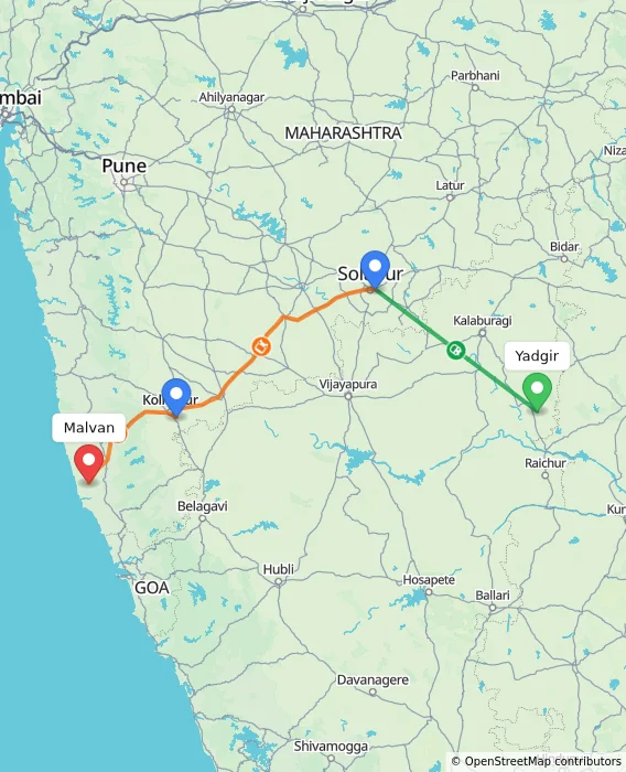 Route map showing distance and travel time from Yadgir, India to Malvan, India