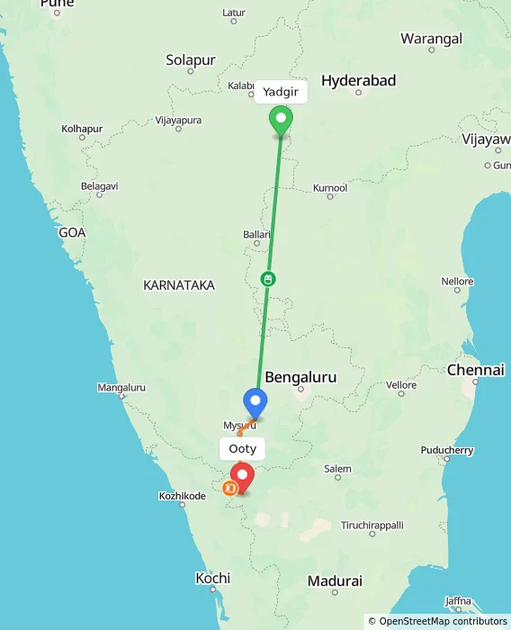 Route map showing distance and travel time from Yadgir, India to Ooty, India