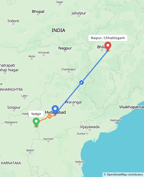 Route map showing distance and travel time from Yadgir, India to Raipur, Chhattisgarh, India