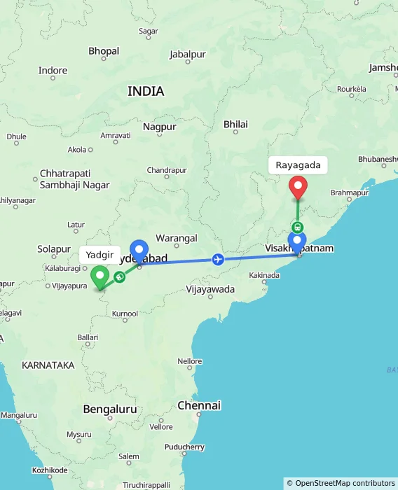 Route map showing distance and travel time from Yadgir, India to Rayagada, India