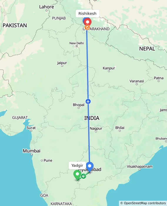 Route map showing distance and travel time from Yadgir, India to Rishikesh, India