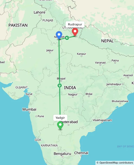 Route map showing distance and travel time from Yadgir, India to Rudrapur, India
