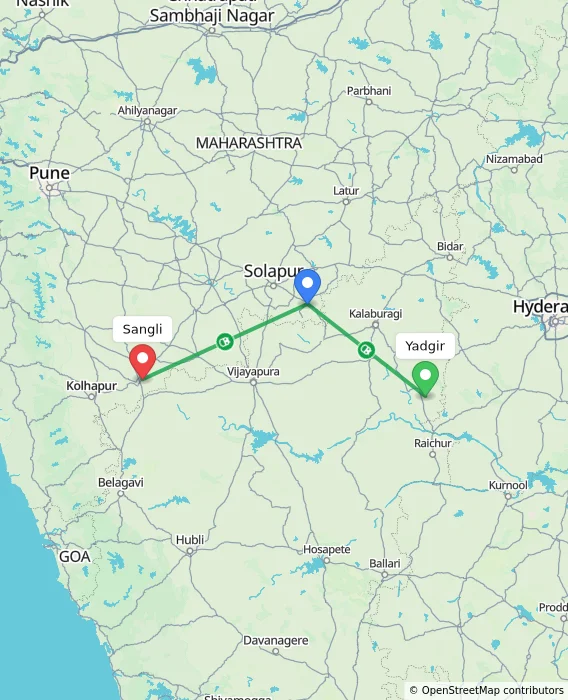 Route map showing distance and travel time from Yadgir, India to Sangli, India