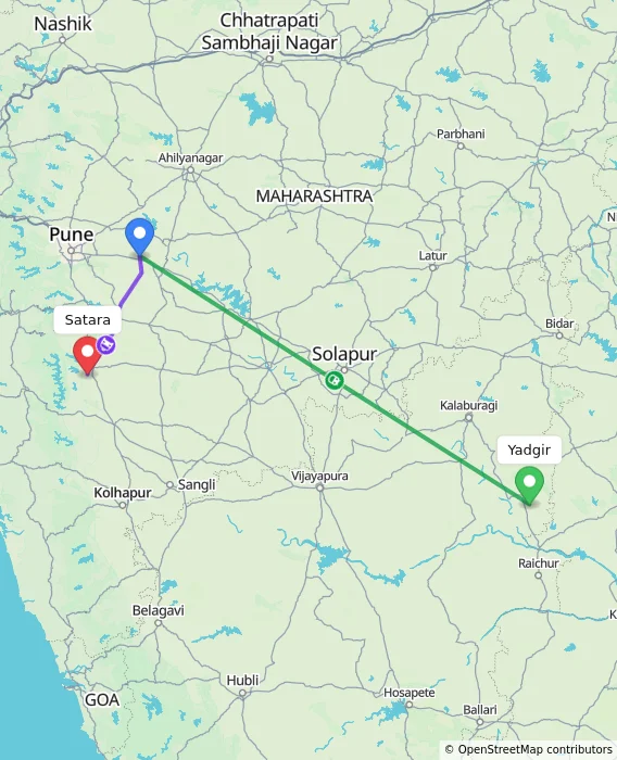 Route map showing distance and travel time from Yadgir, India to Satara, India