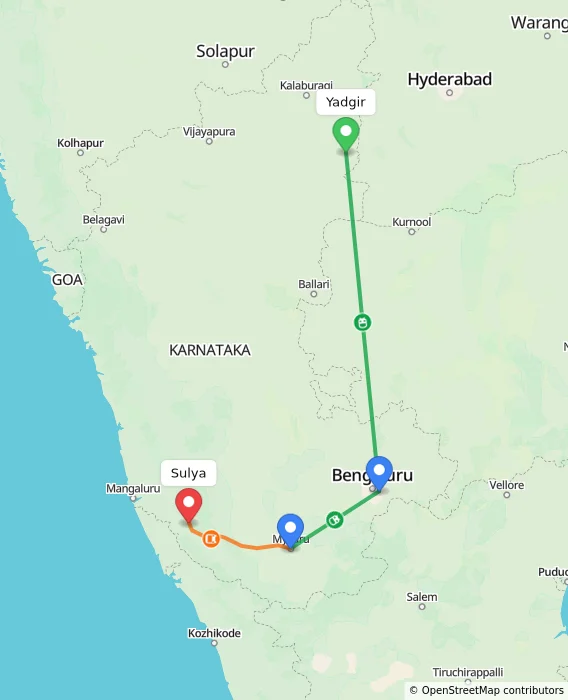 Route map showing distance and travel time from Yadgir, India to Sulya, India