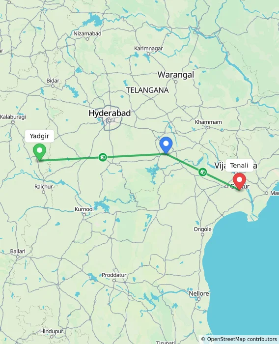 Route map showing distance and travel time from Yadgir, India to Tenali, India