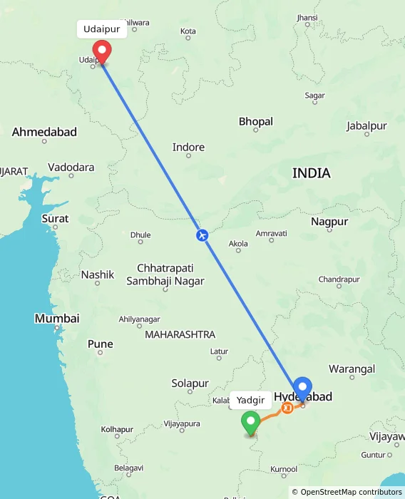 Route map showing distance and travel time from Yadgir, India to Udaipur, India