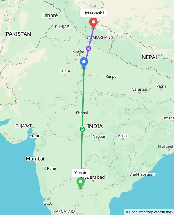 Route map showing distance and travel time from Yadgir, India to Uttarkashi, India