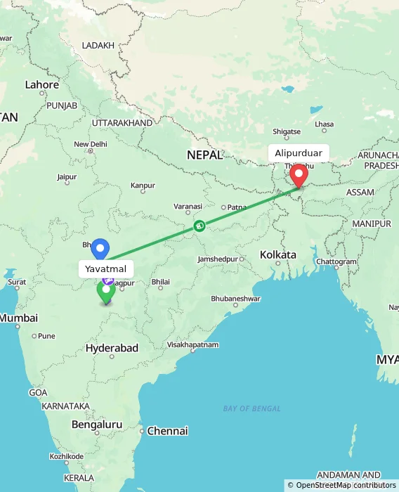 Route map showing distance and travel time from Yavatmal, India to Alipurduar, India