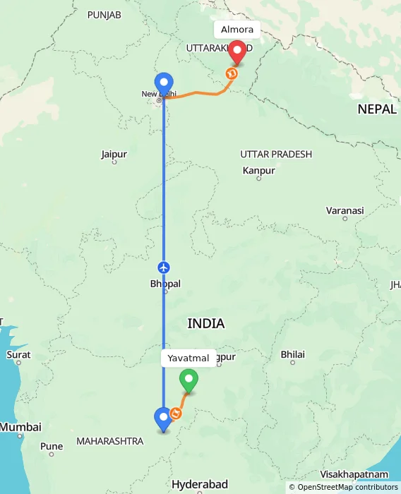 Route map showing distance and travel time from Yavatmal, India to Almora, India