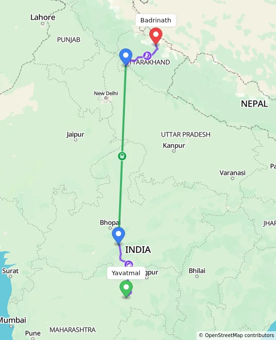 Route map showing distance and travel time from Yavatmal, India to Badrinath, India