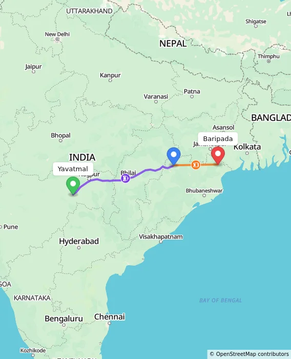 Route map showing distance and travel time from Yavatmal, India to Baripada, India