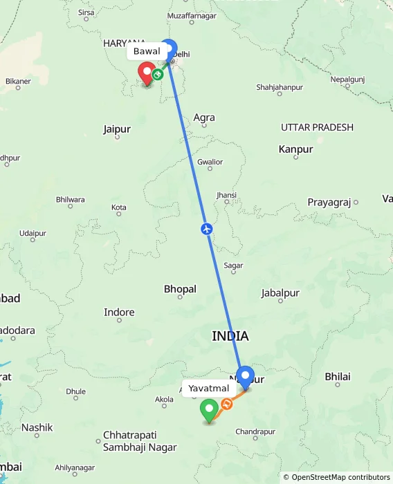 Route map showing distance and travel time from Yavatmal, India to Bawal, India
