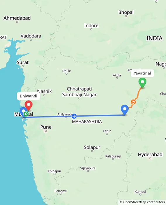 Route map showing distance and travel time from Yavatmal, India to Bhiwandi, India