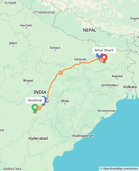 Route map showing distance and travel time from Yavatmal, India to Bihar Sharif, India