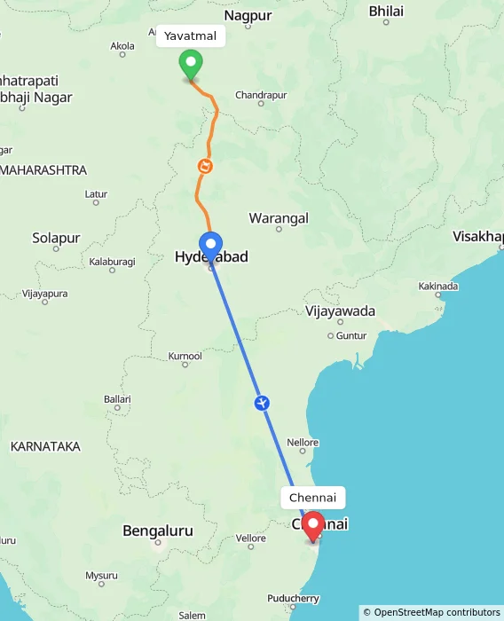 Route map showing distance and travel time from Yavatmal, India to Chennai, India