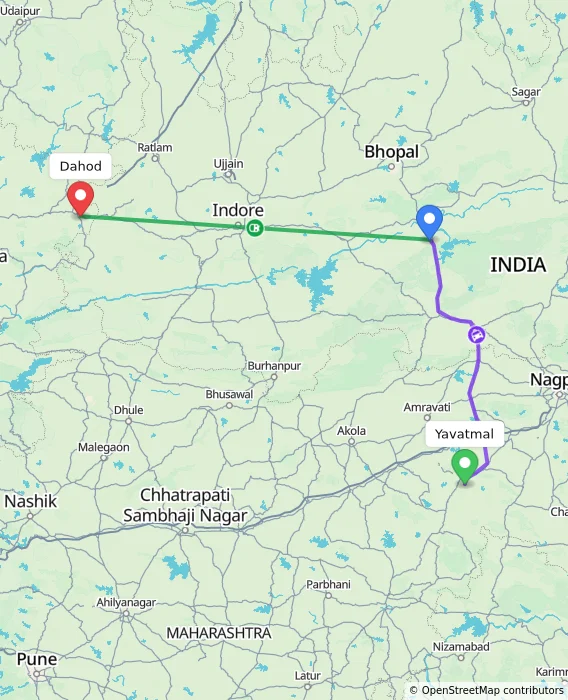 Route map showing distance and travel time from Yavatmal, India to Dahod, India