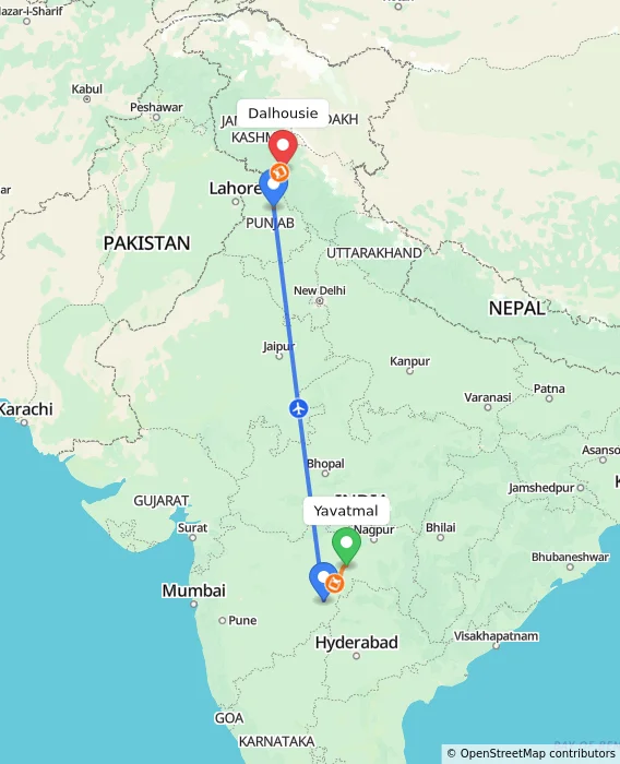 Route map showing distance and travel time from Yavatmal, India to Dalhousie, India