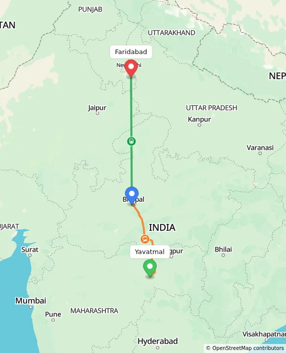 Route map showing distance and travel time from Yavatmal, India to Faridabad, India