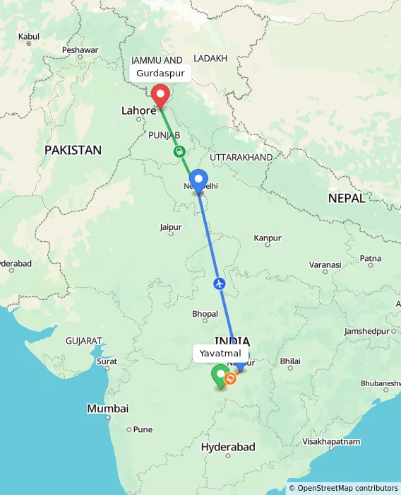 Route map showing distance and travel time from Yavatmal, India to Gurdaspur, India