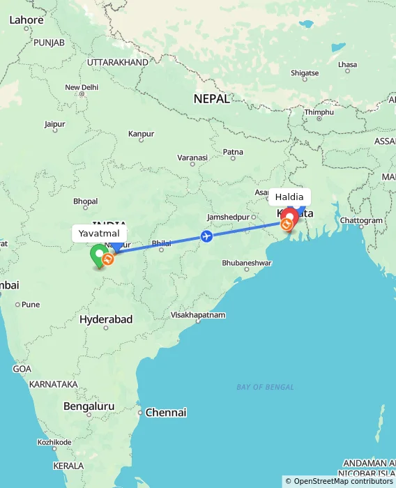 Route map showing distance and travel time from Yavatmal, India to Haldia, India