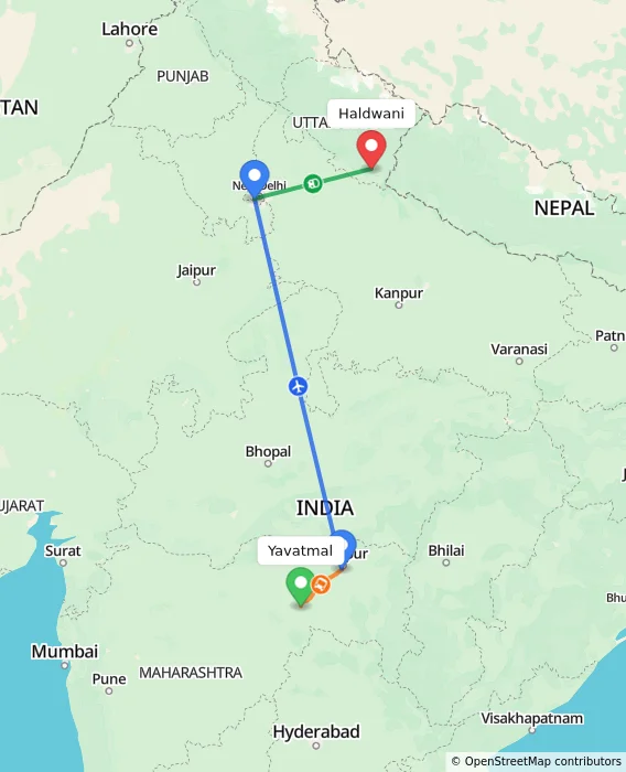 Route map showing distance and travel time from Yavatmal, India to Haldwani, India