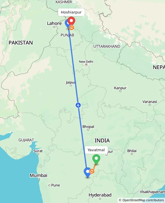 Route map showing distance and travel time from Yavatmal, India to Hoshiarpur, India