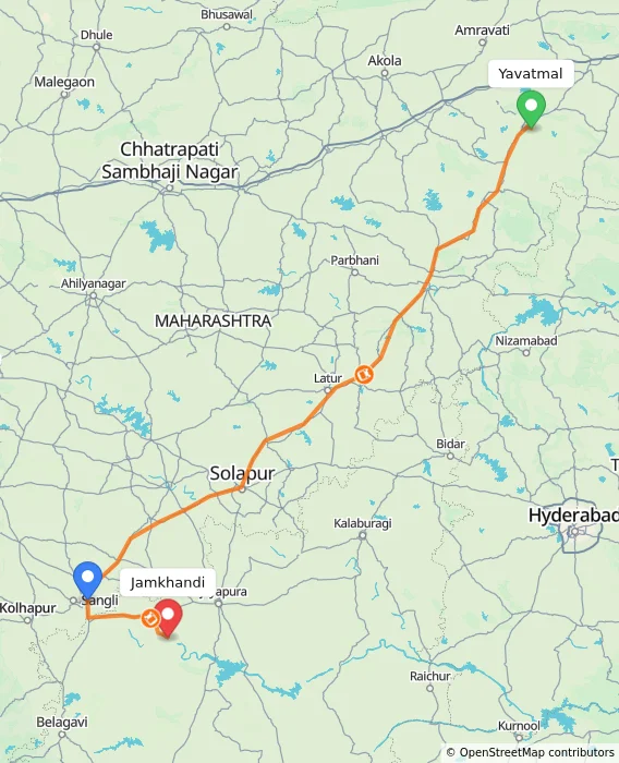 Route map showing distance and travel time from Yavatmal, India to Jamkhandi, India