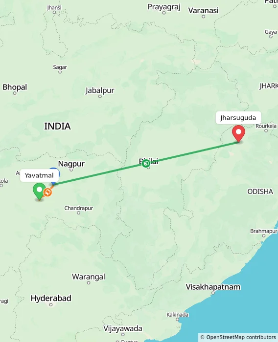Route map showing distance and travel time from Yavatmal, India to Jharsuguda, India