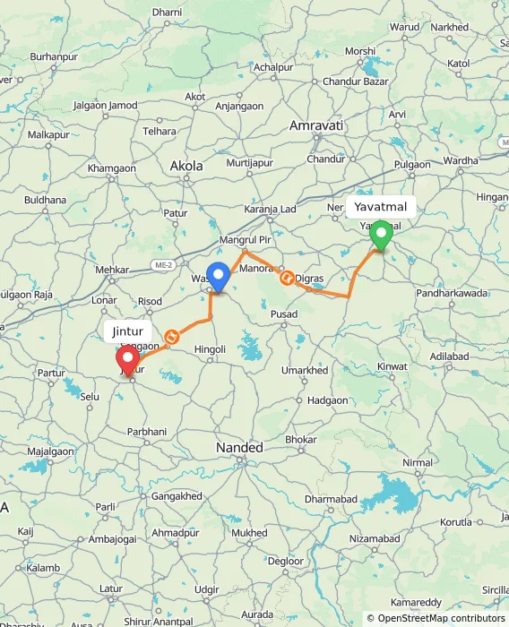 Route map showing distance and travel time from Yavatmal, India to Jintur, India