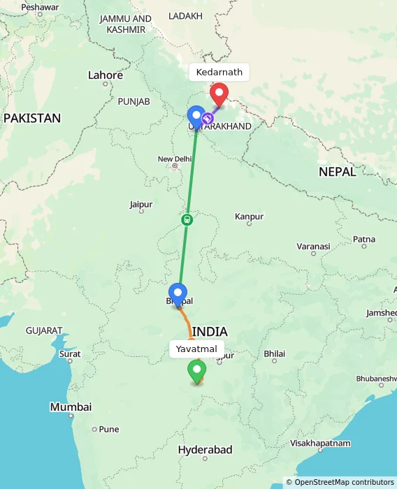 Route map showing distance and travel time from Yavatmal, India to Kedarnath, India