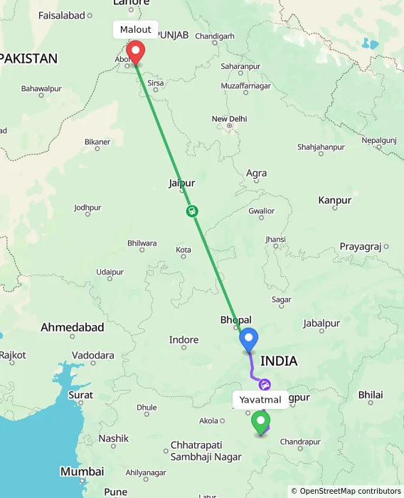 Route map showing distance and travel time from Yavatmal, India to Malout, India