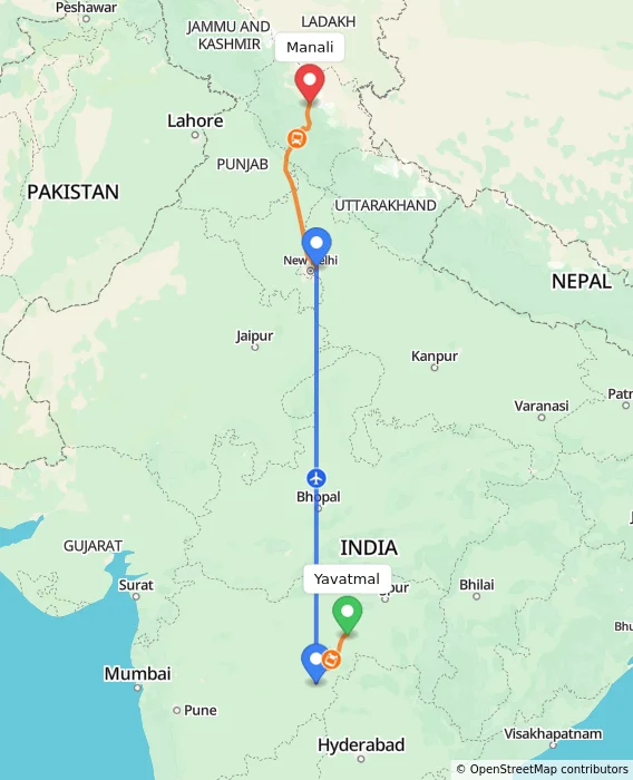 Route map showing distance and travel time from Yavatmal, India to Manali, India