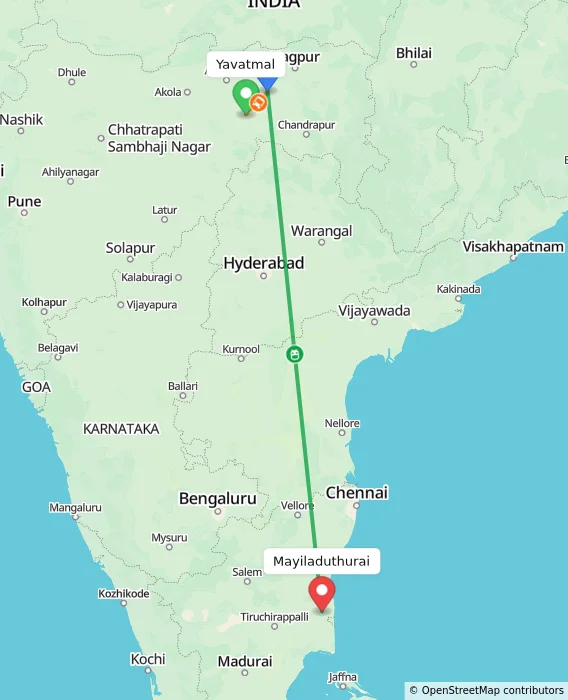 Route map showing distance and travel time from Yavatmal, India to Mayiladuthurai, India