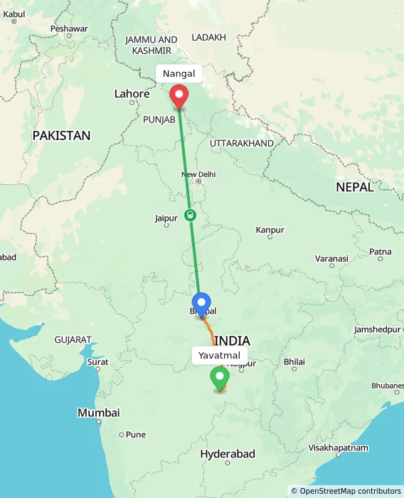 Route map showing distance and travel time from Yavatmal, India to Nangal, India
