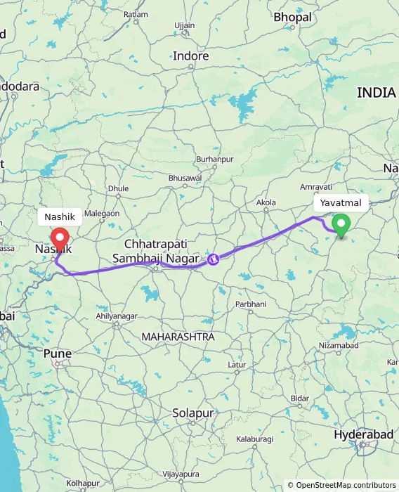 Route map showing distance and travel time from Yavatmal, India to Nashik, India