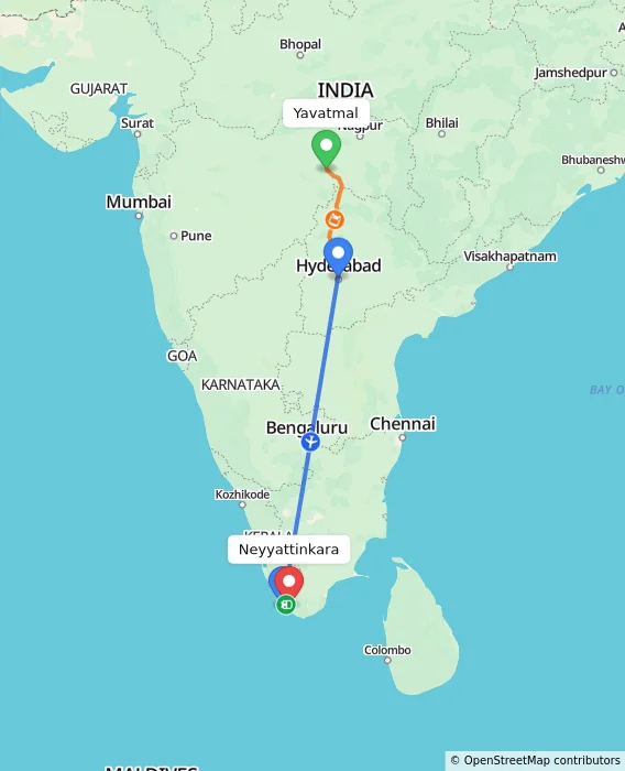 Route map showing distance and travel time from Yavatmal, India to Neyyattinkara, India