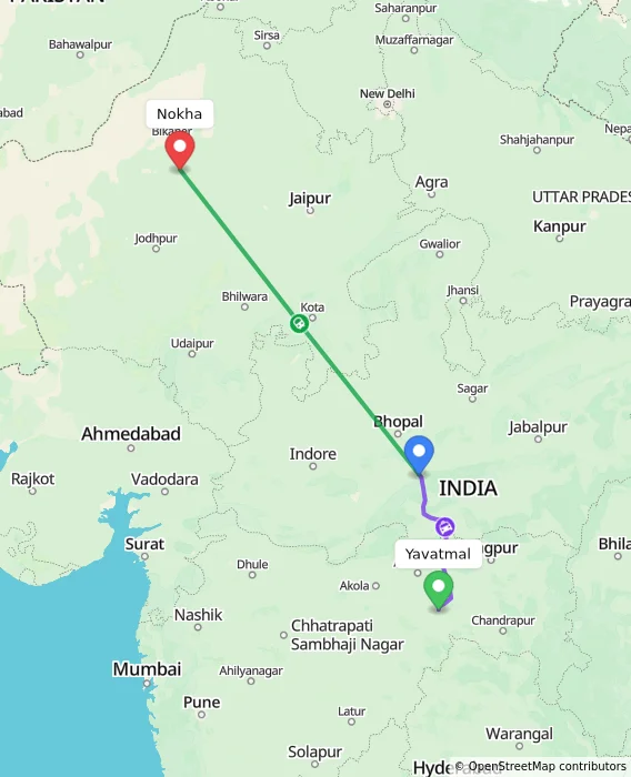 Route map showing distance and travel time from Yavatmal, India to Nokha, India