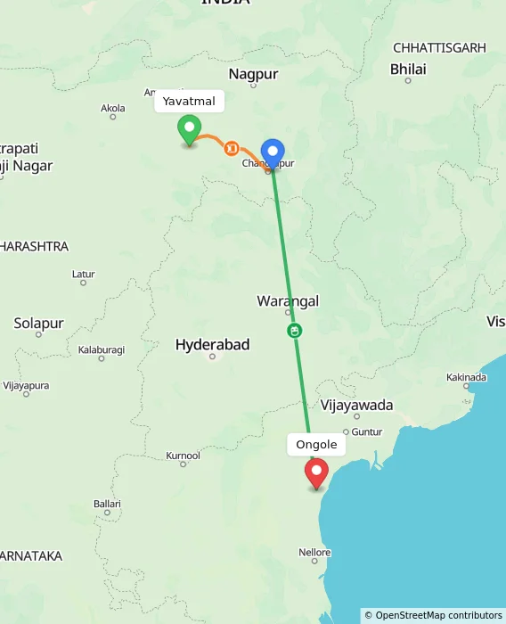Route map showing distance and travel time from Yavatmal, India to Ongole, India