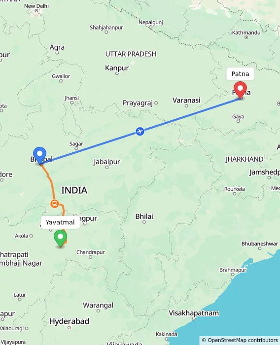 Route map showing distance and travel time from Yavatmal, India to Patna, India