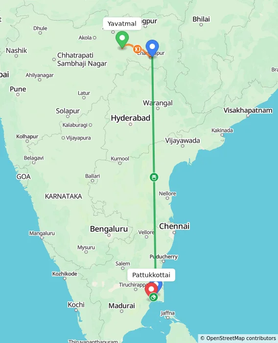 Route map showing distance and travel time from Yavatmal, India to Pattukkottai, India