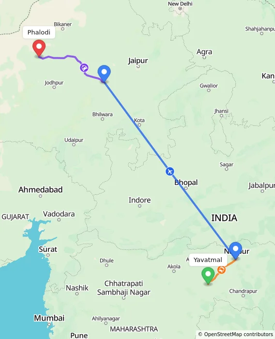 Route map showing distance and travel time from Yavatmal, India to Phalodi, India