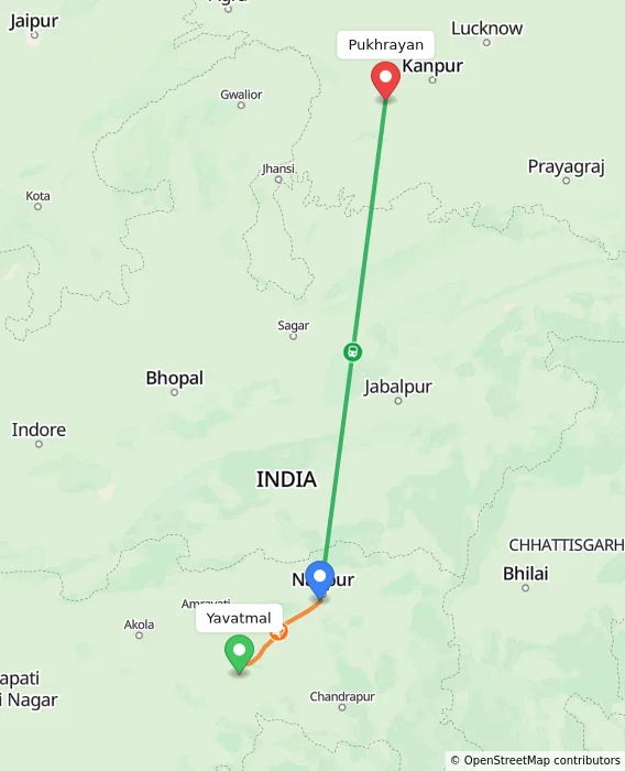 Route map showing distance and travel time from Yavatmal, India to Pukhrayan, India