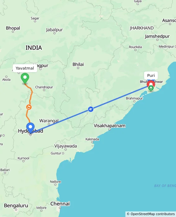 Route map showing distance and travel time from Yavatmal, India to Puri, India